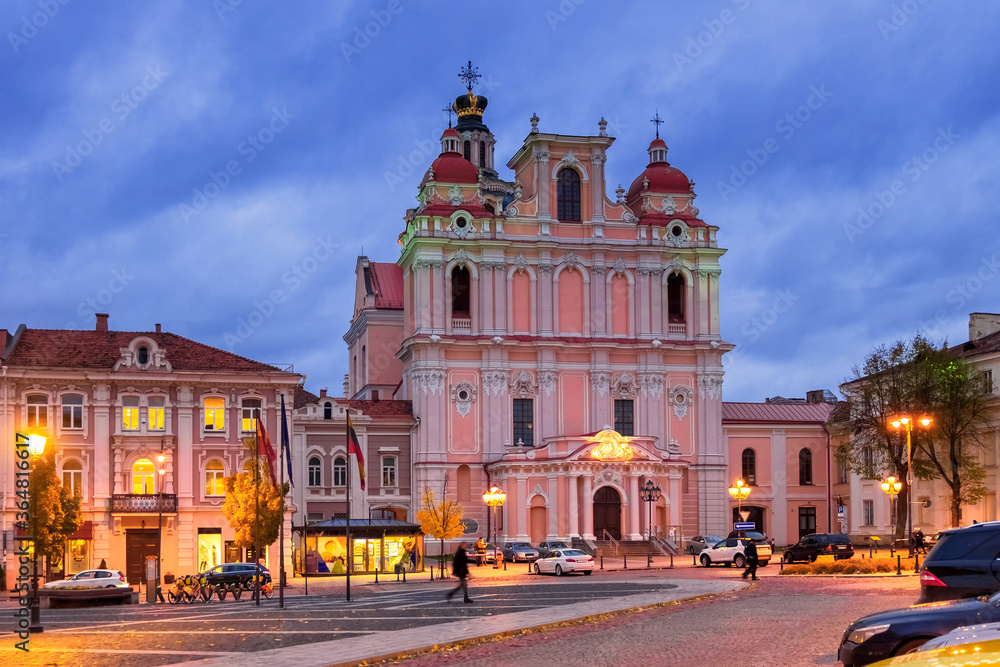 The Church of St. Casimir in the Old town by night in Vilnius, Lithuania, Baltic States.