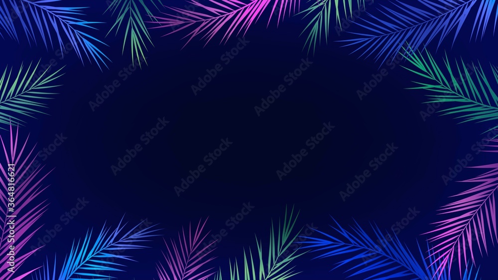 Dark background with frame of palm branches neon flowers, tropical party style