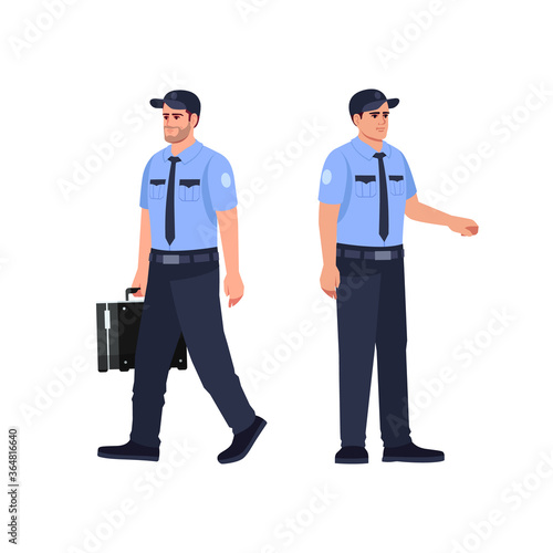 Police officer semi flat RGB color vector illustration set. Security guard carry briefcase with cash. Patrol man. Cop in blue uniform isolated cartoon character on white background collection