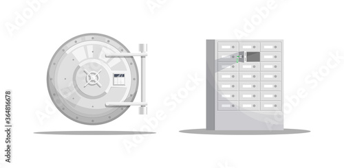 Bank money storage semi flat RGB color vector illustration set. Cell store unit. Vault door and shelves for treasure protection isolated cartoon object on white background collection