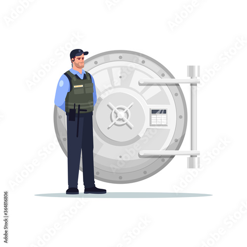 Security near vault semi flat RGB color vector illustration. Guard near metallic door. Officer stand near cash storage. Bank policeman isolated cartoon character on white background