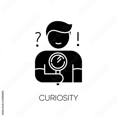 Curiosity black glyph icon. Human feeling, personal quality silhouette symbol on white space. Search for answer, problem solution. Curious person holding magnifying glass. Vector isolated illustration