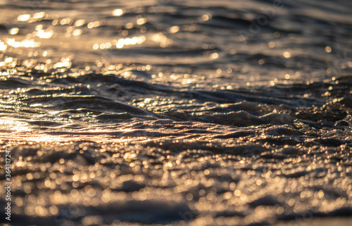 sea wave closeup at sunset time