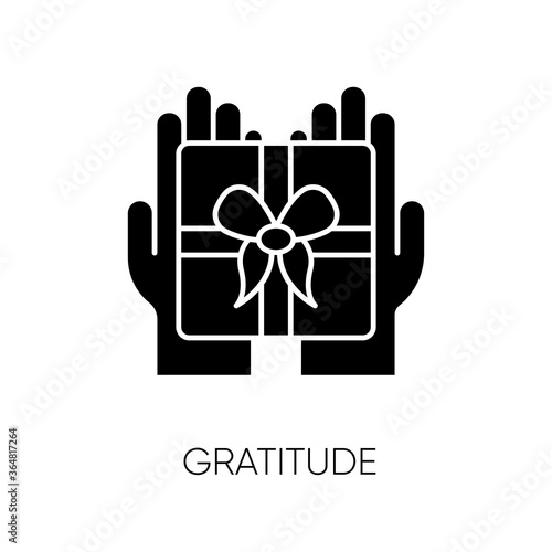 Gratitude black glyph icon. Thankfulness, sign of appreciation, feeling grateful. Special occasion, holiday celebration silhouette symbol on white space. Present, gift vector isolated illustration