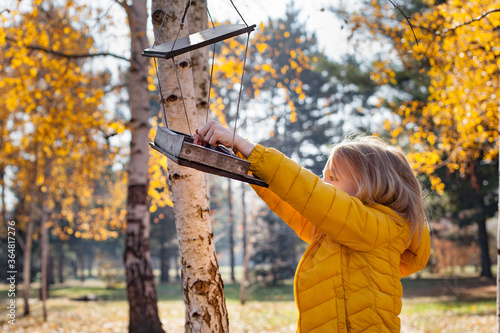 Girl putting food for birds at birdhouse in the forest on warm autumn day. Children taking care of animals outdoor. Outdoor recreation and awesome adventures with kids in fall