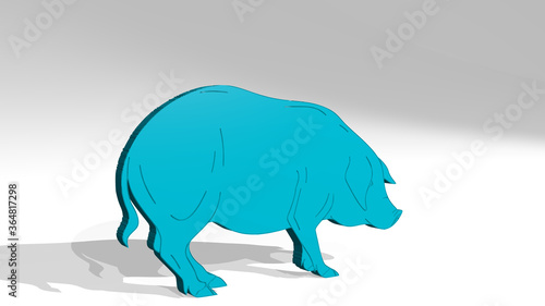 PIG on the wall. 3D illustration of metallic sculpture over a white background with mild texture. animal and cute