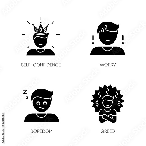 Negative feelings and bad traits black glyph icons set on white space. Human emotions, personal feelings silhouette symbols. Self confidence, worry, boredom and greed. Vector isolated illustration