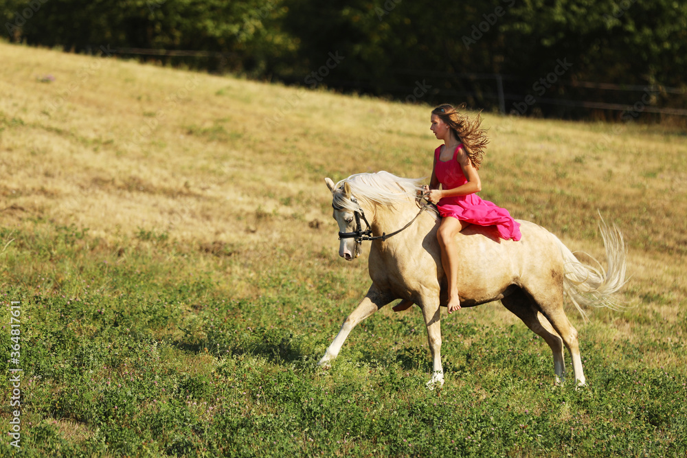 Young girl in pink dress galloping on ponny on meadow in summer afternoon