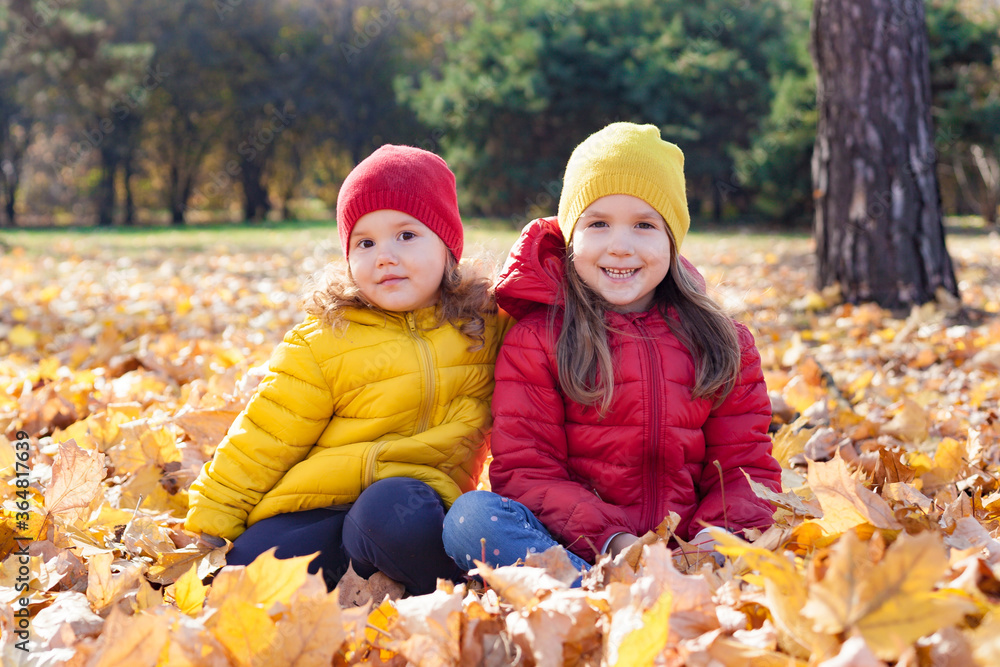 Two cute little happy girls sisters having fun on walk in the park on sunny autumn day. Children play and laugh in yellow leaves. Family active weekend with kids Two cute little happy girls sisters having fun on walk in the park on sunny autumn day. Children play and laugh in yellow leaves. Family active weekend with kids