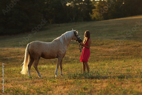 Romantic scene with teen girl and her pony on meadow in summer sunset. Face to face