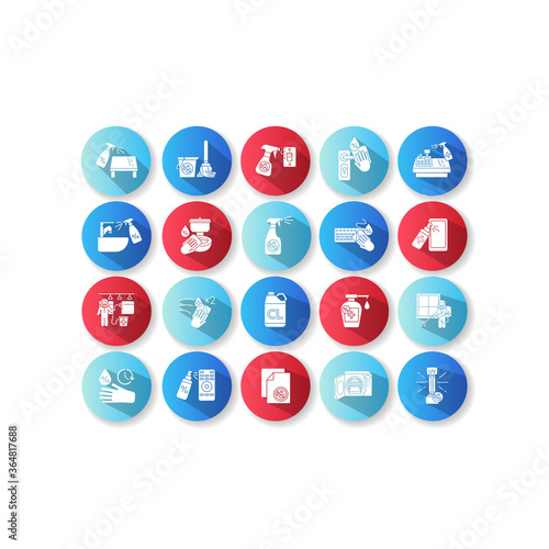 Disinfection flat design long shadow glyph icons set. Surface cleaning, sanitation and hygiene. Antibacterial sanitizers and decontamination rules. Silhouette RGB color illustrations