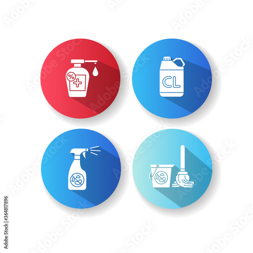 Cleaning products flat design long shadow glyph icons set. Sanitation supplies, hygiene. Antibacterial disinfectants, different detergents and sanitizers. Silhouette RGB color illustrations