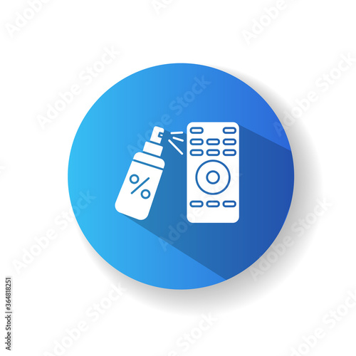 Remote control disinfection blue flat design long shadow glyph icon. Surface cleaning, domestic hygiene. Microbe protection. Hand held device and antiseptic silhouette RGB color illustration