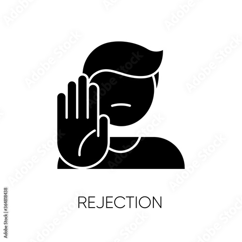 Rejection black glyph icon. Negative response, denial, offer refusal. Forbiddance, displeasure and disapproval silhouette symbol on white space. Person showing stop gesture vector isolated