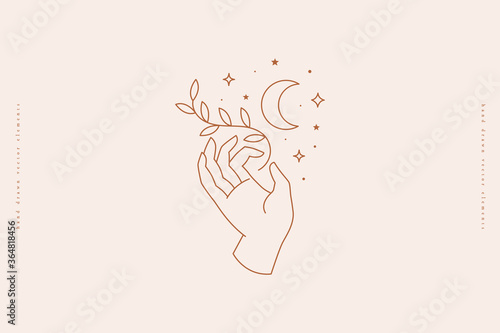 Hand keeps a branch with sheets on the background of crescent and stars. Trendy linear magic symbol on light background. Vector illustration for organic cosmetics and packaging for handmade products.