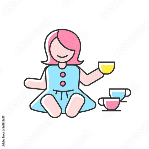 Pretend kitchenware RGB color icon. Baby doll with tea set. Toys for playing pretend game with children. Social skills development. Girls activity ideas. Isolated vector illustration