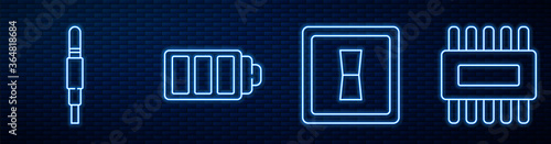 Set line Electric light switch, Audio jack, Battery charge level indicator and Processor with microcircuits CPU. Glowing neon icon on brick wall. Vector.