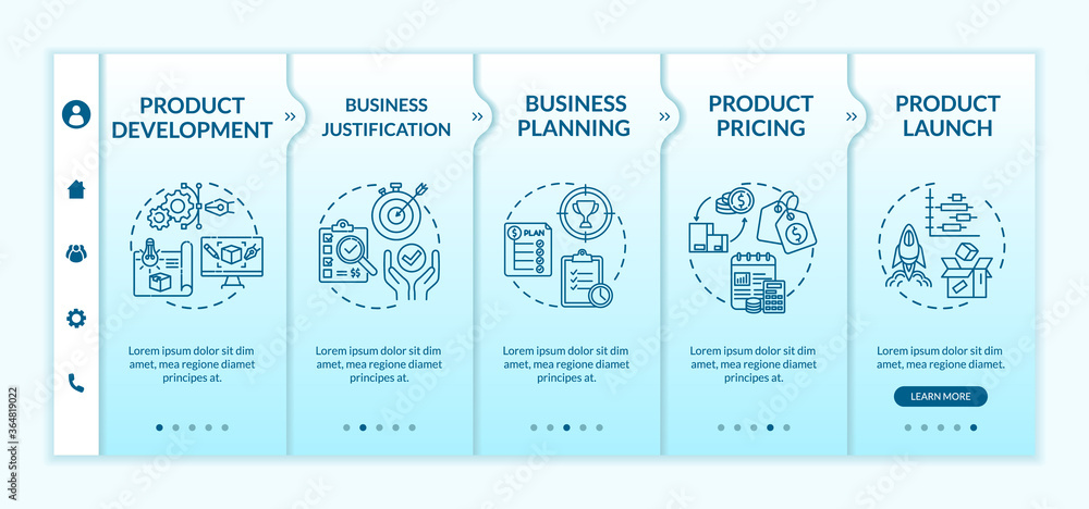 Product development onboarding vector template. Business justification. Pricing for sales. Responsive mobile website with icons. Webpage walkthrough step screens. RGB color concept