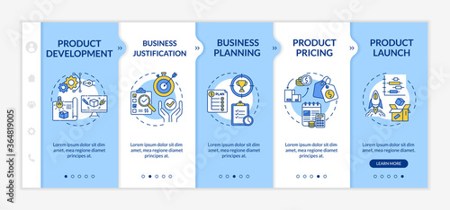Product management onboarding vector template. Business planning. Marketing analysis. Merchandise launch. Responsive mobile website with icons. Webpage walkthrough step screens. RGB color concept
