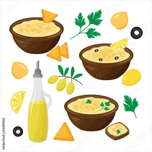Vector set of hummus plate with chickpea, olive oil, parsley, chips, lemon. National food of Israel. International Hummus Day. Illustration isolated on white background.