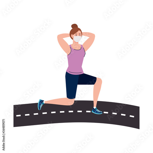 woman with mask and sportswear doing sport at street design of medical care and covid 19 virus theme Vector illustration
