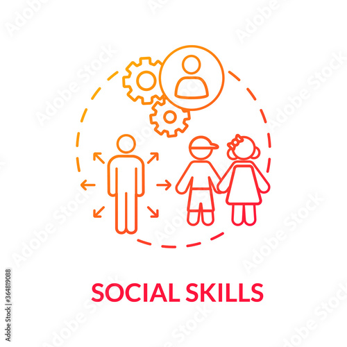 Kids social skills concept icon. Children interactions. Childcare. Positive attitude and using manners. Social behavior idea thin line illustration. Vector isolated outline RGB color drawing