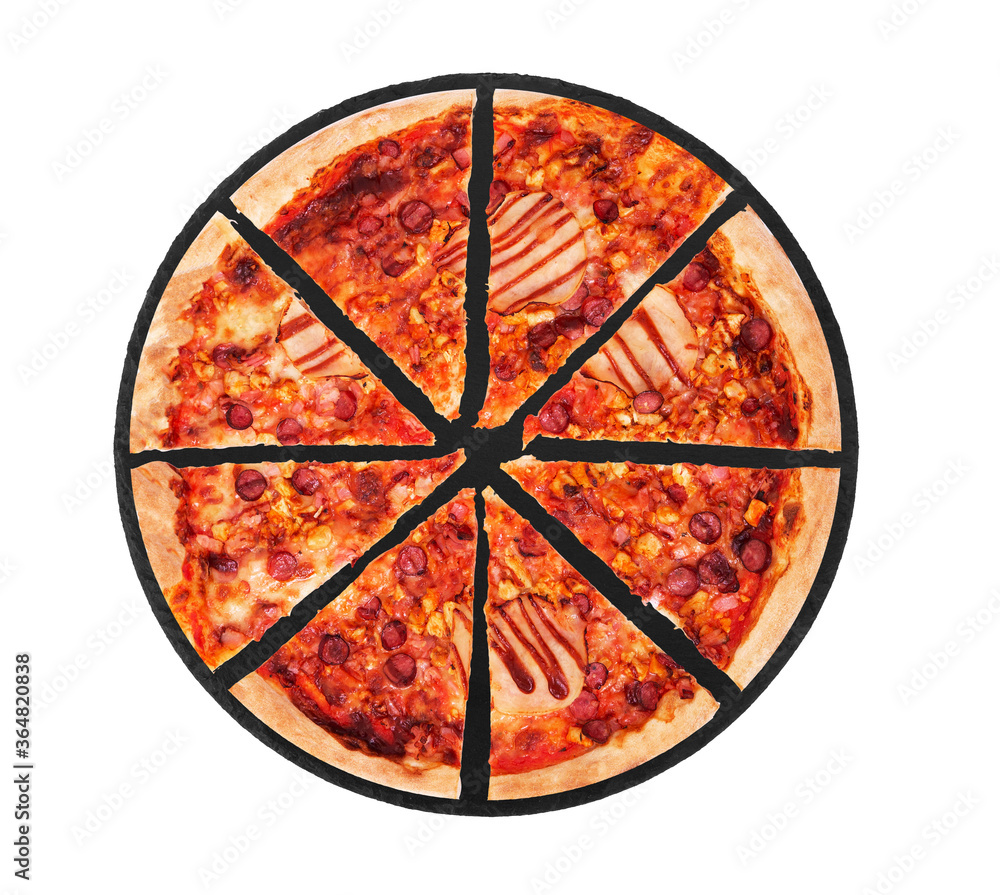 Sliced BBQ pizza with ham, bbq sauce, bacon and salami on a black slate platter, isolated on white background, top view