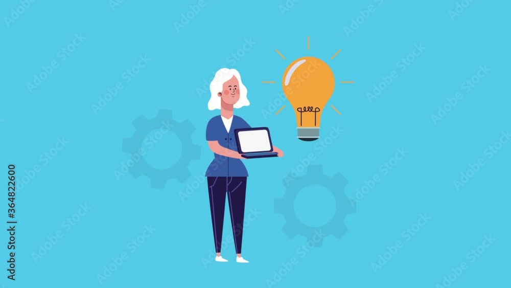 businesswoman lifting laptop and bulb animated businesswoman lifting laptop and bulb animated