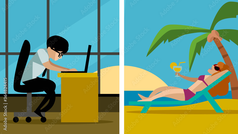 man working on the office and woman relaxing on the beach