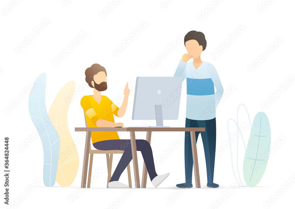Man working on laptop computer doing business sitting at desk. Coworker or team lead pointing at something on pc screen. Startup project. Vector flat illustration concept on white background.