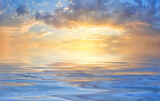 Panorama of sunset sky with bright sun over waves of the sea