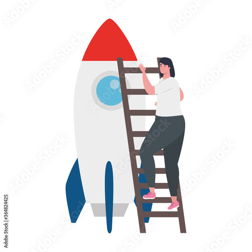woman with rocket at ladder design, Start up plan idea strategy and marketing theme Vector illustration