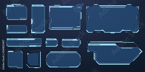 HUD set frames. Futuristic modern user interface elements, hud control panel. High tech screen for video game. Sci-fi concept design. Information call box bars and modern digital info boxes layout