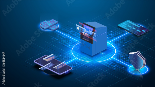 ATM withdrawal isometric concept vector banner. Banking technology, financial apps, cache machine and smartphone, credit card and cash.Banking technology, financial apps, cache machine. Landing page.
