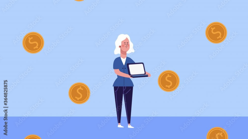 businesswoman lifting laptop and coins animated businesswoman lifting laptop and coins animated