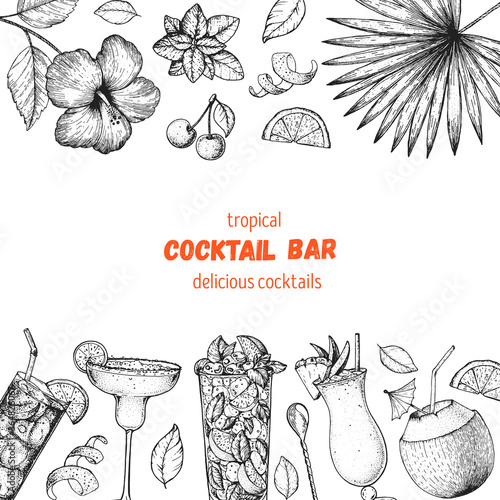 Cocktails hand drawn vector illustration. Alcoholic Cocktails sketch set. Engraved style. Design template for bar. Tropical set.