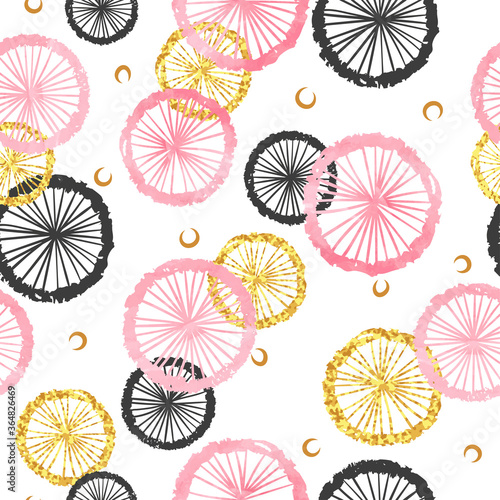 Seamless pattern with pink, black and golden circles. Vector abstract geometric background with round shapes.