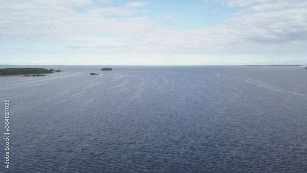 Aerial Horizon and Coastline of Baltic Sea in Scandinavia with Archipelago on left side