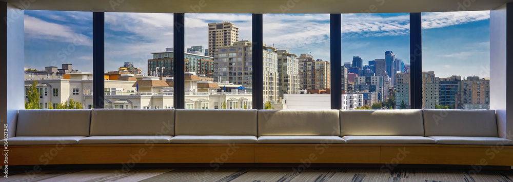 USA, Washington, Seattle, Skyline seen through large window