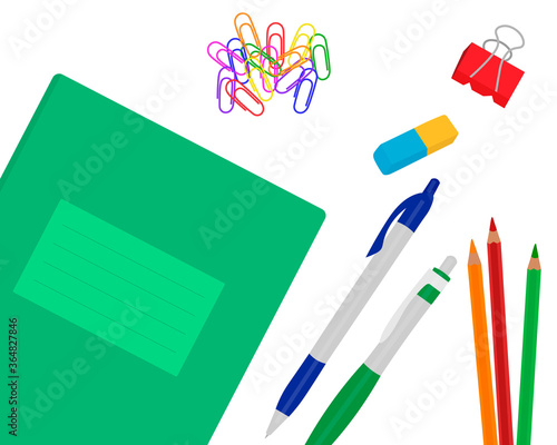 Stationery for school copybook pencils pens paper clips eraser vector illustration