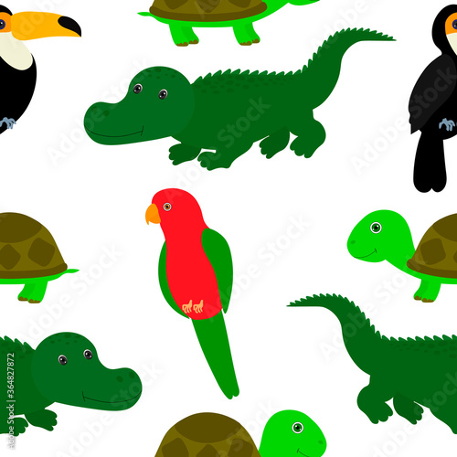 Seamless pattern cute parrot crocodile turtle vector illustration