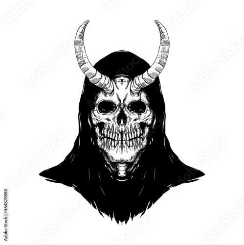 skull grim reaper illustration of a black hooded horn with a black and white vector