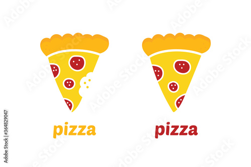 Vector cartoon style pepperoni pizza slice icons, whole and with teeth bite marks. Pizza delivery, fast food design.