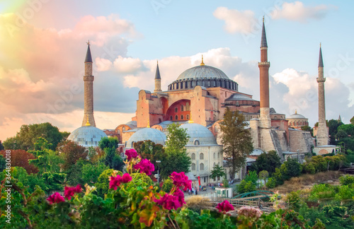 Hagia Sophia is seen behind flower  and fountain at Sultan ahmet Square in Istanbul, Turkey
