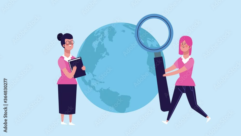 businesswomen with book and magnifying glass characters animated businesswomen with book and magnifying glass characters animated