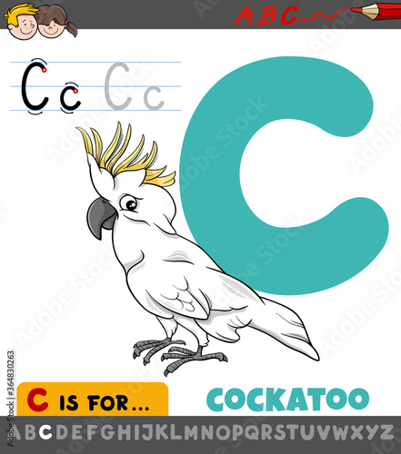 letter C worksheet with cartoon cockatoo bird