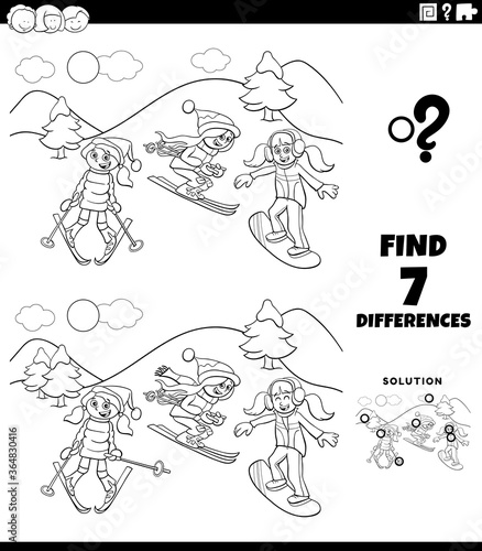 differences task with skiing girls color book page