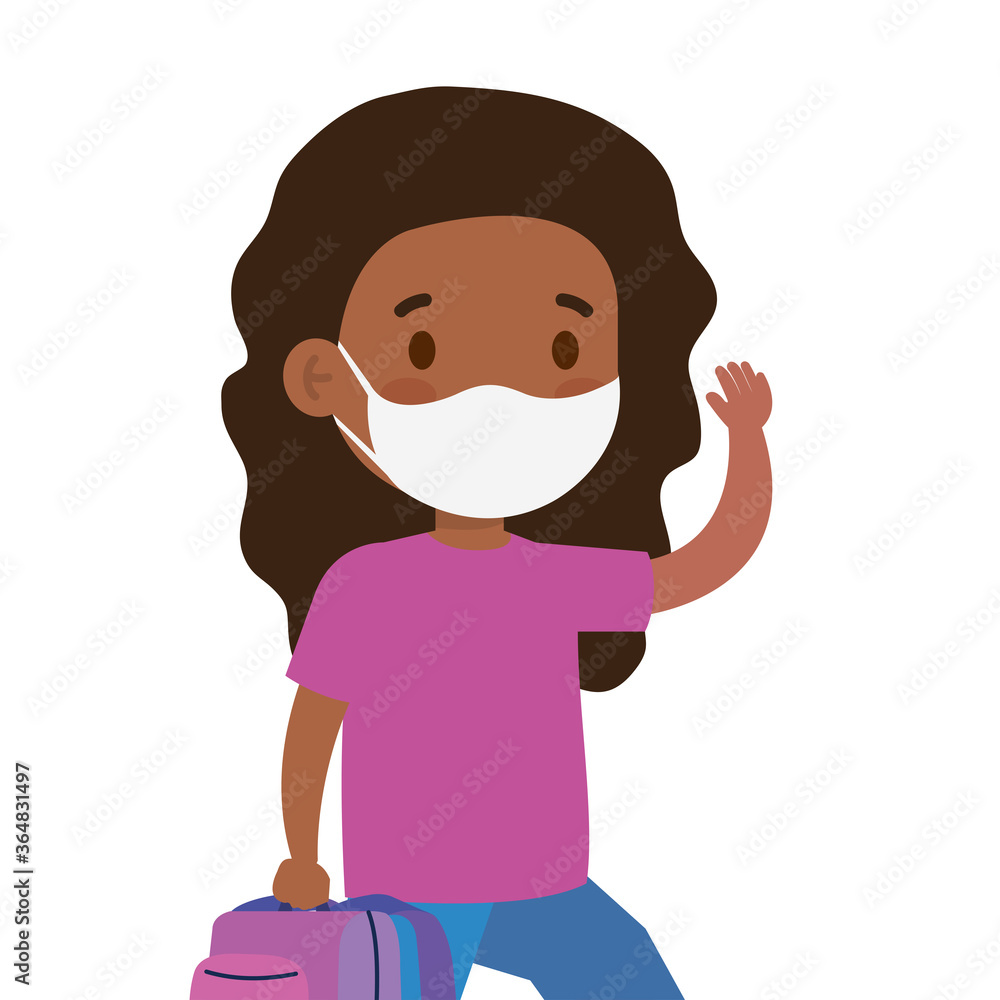 cute girl afro student wearing medical mask to prevent coronavirus covid 19 with school bag vector illustration design