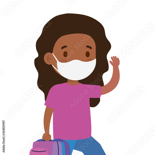 cute girl afro student wearing medical mask to prevent coronavirus covid 19 with school bag vector illustration design © Gstudio