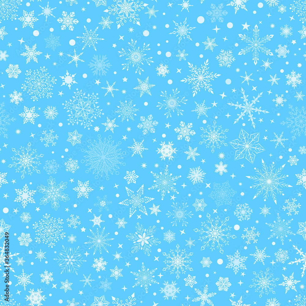 Christmas seamless pattern with various complex big and small snowflakes, white on blue background Christmas seamless pattern with various complex big and small snowflakes, white on blue background